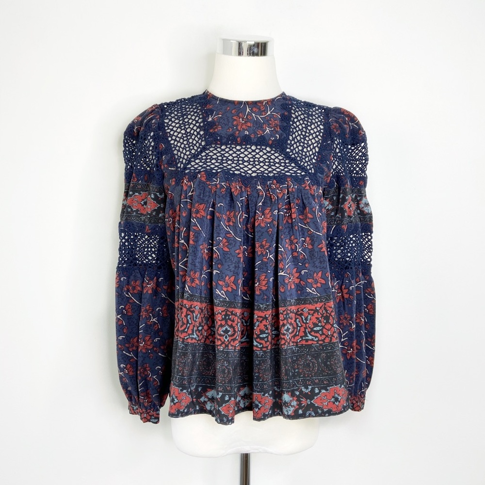 Sea | Floral Printed Silk Crochet Trim Blouse